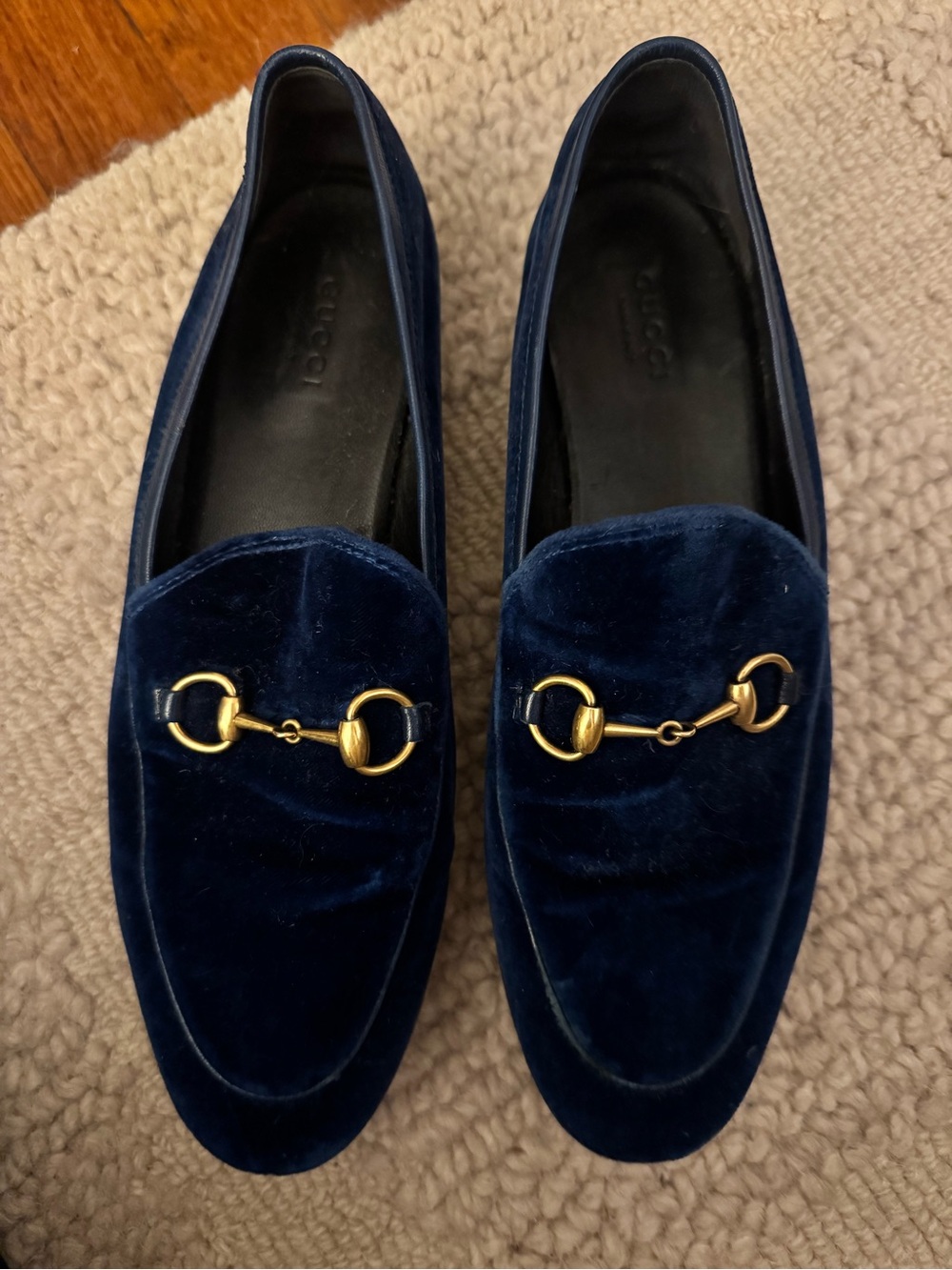 Gucci Navy Velvet Horsebit Slip-On Loafers
